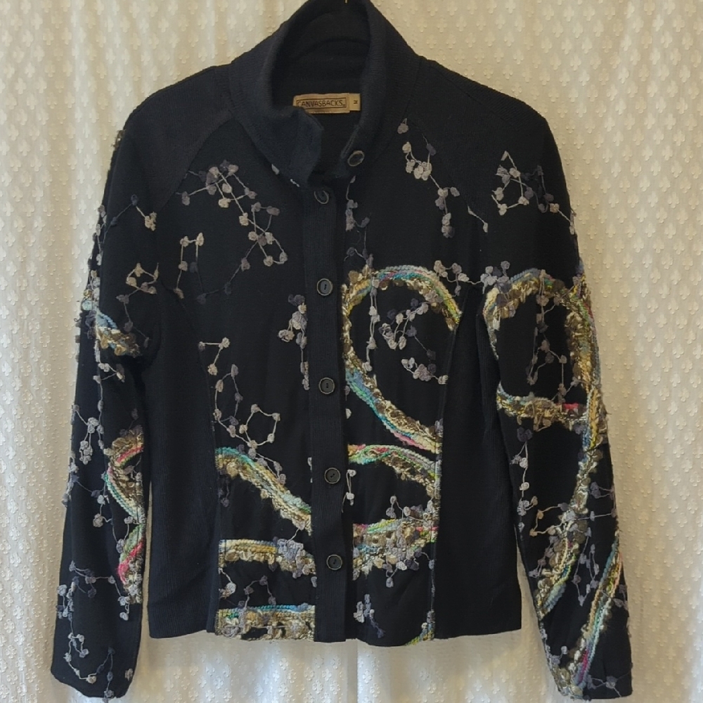Vintage 80's Embroidered Black Jacket By Canvasbacks, Button Front Size M